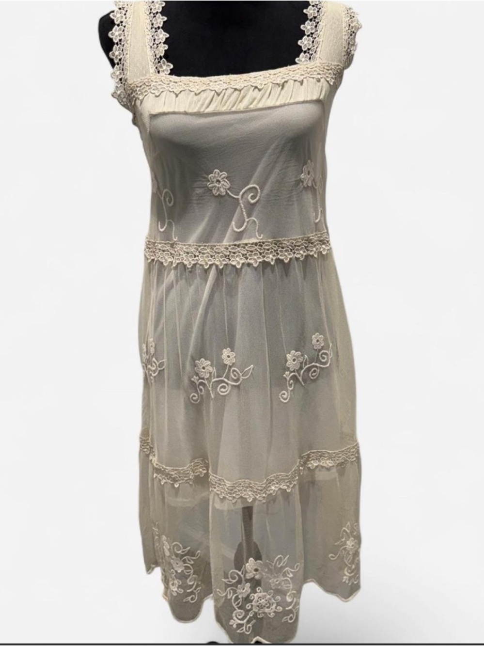 Vintage R.U. Cowgirl Lace Midi Dress Cream Embroidered Sheer Cottagecore Medium